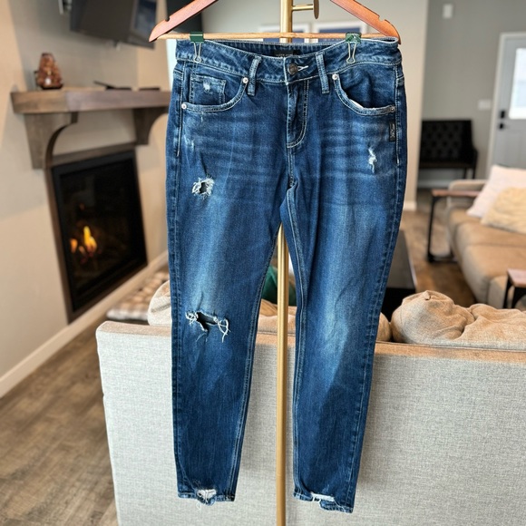 Silver Boyfriend Distressed Blue Denim - Waist 28 Length 29 - Picture 1 of 8
